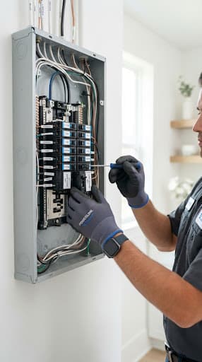 Técnico instalando un tablero eléctrico moderno en un ambiente prolijo y bien iluminado.